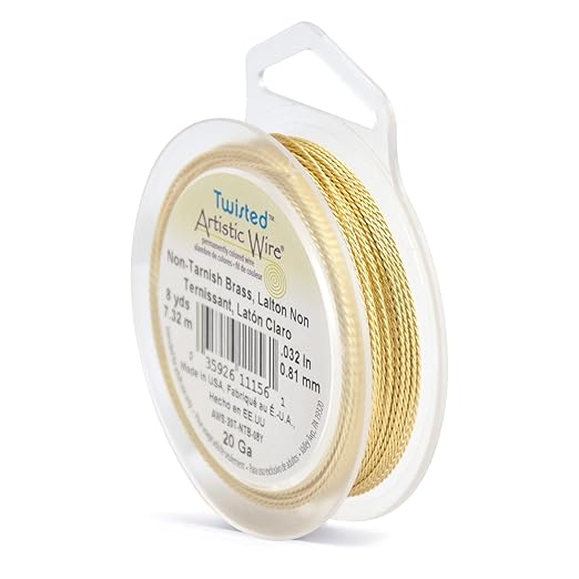 Artistic Wire, 20 Gauge / .81 mm Tarnish Resistant Brass Craft Wire, Round Twist, 8 yd / 7.31 m,AWS-20T-NTB-08Y