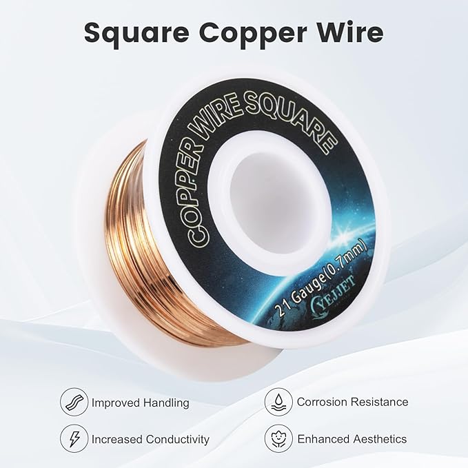 21 AWG Square Copper Wire - 0.72x0.72mm Ultra-Fine Jewelry Wire, 50ft - Bulk Spool for Wire Weaving, Crafters, and Small Electronics