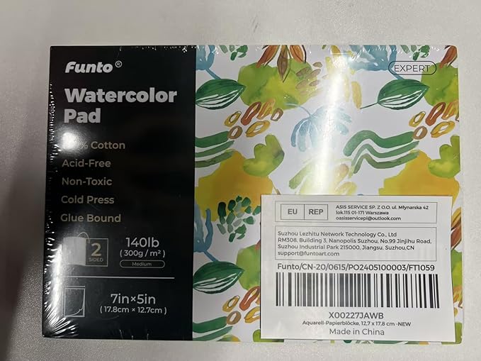 Funto Watercolor Pads, 100% Cotton, 20 Sheets, 7X 5, 140lb/300gsm, Glue Bound, Double-Sided, Easy Tear Heavyweight Art Paper for Painting