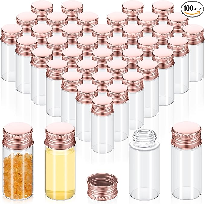 100 Pcs Small Clear Vials Spice Mini Jars with Lids Mini Glass Bottles with Screw Aluminum Metal Caps Tiny Jars Sample Containers for Powder Cream Cosmetic Jewelry Wedding (10 ml,Rose Gold)