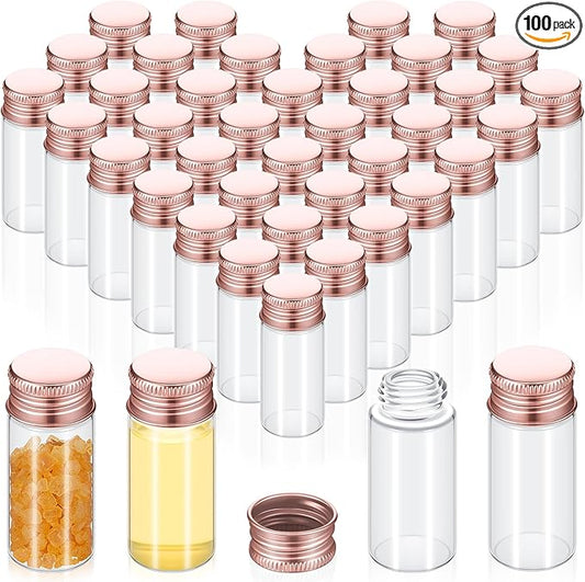 100 Pcs Small Clear Vials Spice Mini Jars with Lids Mini Glass Bottles with Screw Aluminum Metal Caps Tiny Jars Sample Containers for Powder Cream Cosmetic Jewelry Wedding (10 ml,Rose Gold)