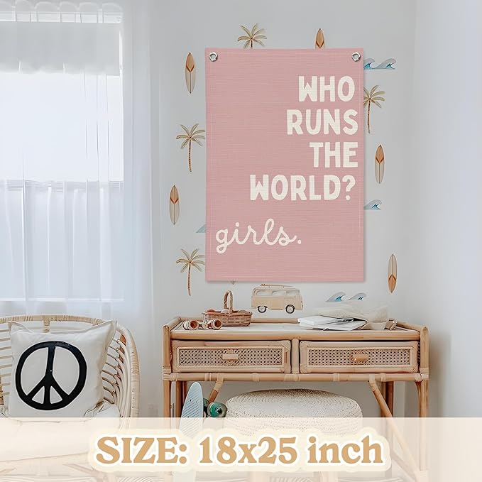 Girls Room Decor for Nursery Decor Linen Canvas Banner,Pink Who Runs The World Girl,Inspirational Wall Hanging Flag Banner for Baby Kids Girl Bedroom Dorm 18x25 Inch