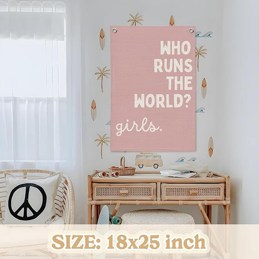 Girls Room Decor for Nursery Decor Linen Canvas Banner,Pink Who Runs The World Girl,Inspirational Wall Hanging Flag Banner for Baby Kids Girl Bedroom Dorm 18x25 Inch