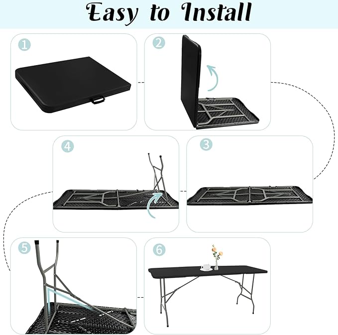 2 Pack 6 FT Folding Tables Black Foldable Table, Fold-in-Half with Carrying Handle Portable Plastic Rectangular Table for Party, Dining, Wedding, Camping, Picnic, Indoor Outdoor Events