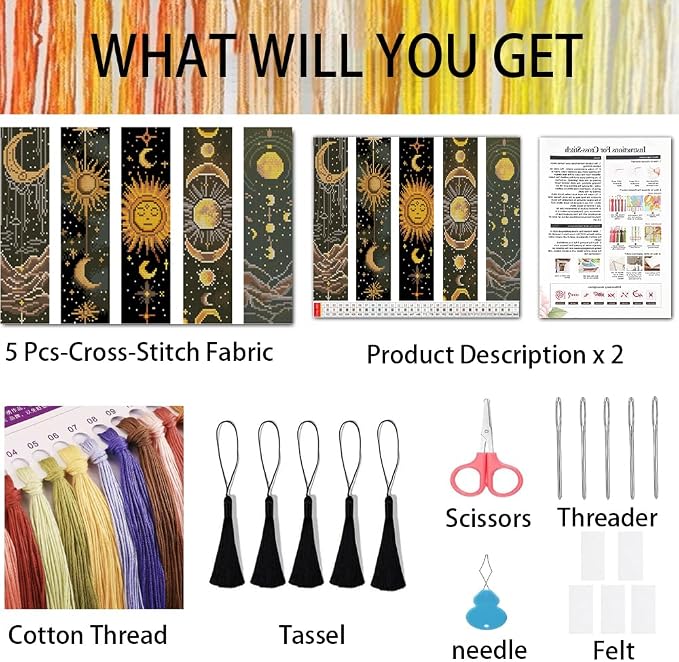 VIGEGU 5 Pcs Sun Moon Landscape Cross Stitch Bookmark Kit - Image 4