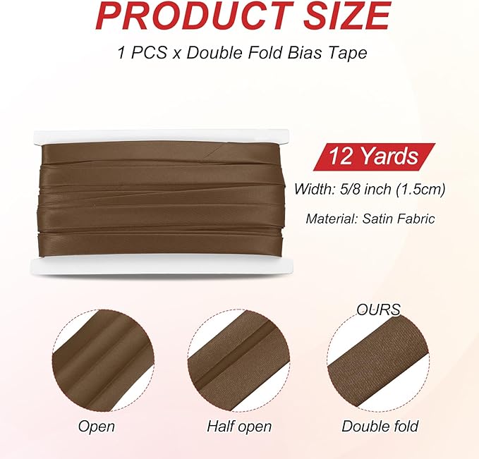 MECCANIXITY Double Fold Bias Tape for Sewing 5/8 Inch x 12 Yards Satin Pre-fold Continuous Binding Tape for Seaming Quilting Hemming Binding DIY Crafts, Brown