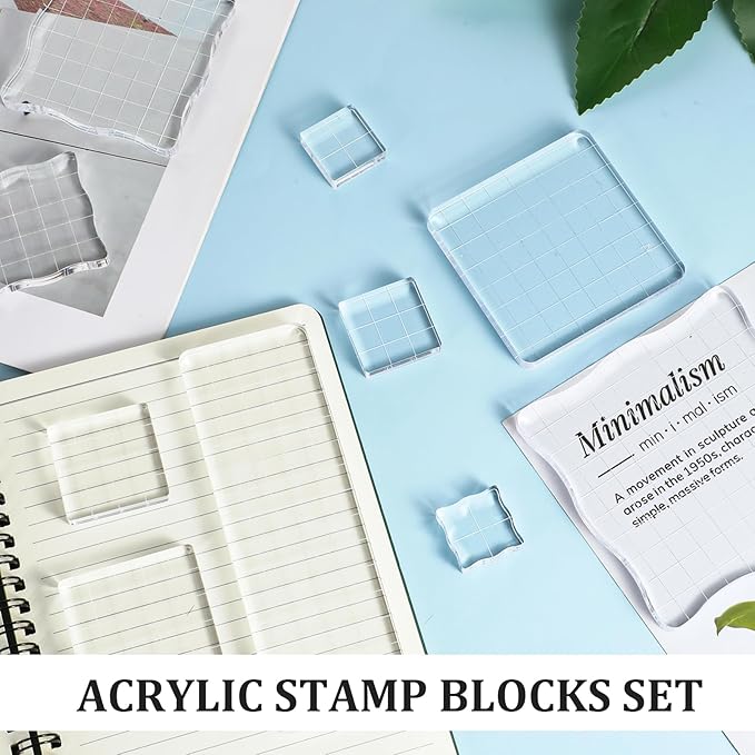 12Pcs Acrylic Stamp Block Clear Stamping Blocks Tools Set Assorted Sizes Stamp Blocks with Grid Lines for Scrapbooking Crafts Card Making