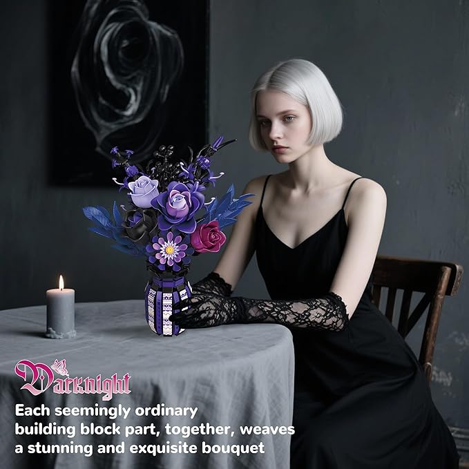 Flowers Bouquet Building Set Roses Purple Compatible with Lego Botanical Collection Gothic for Women Adults Girls 14+ Home Office Decor