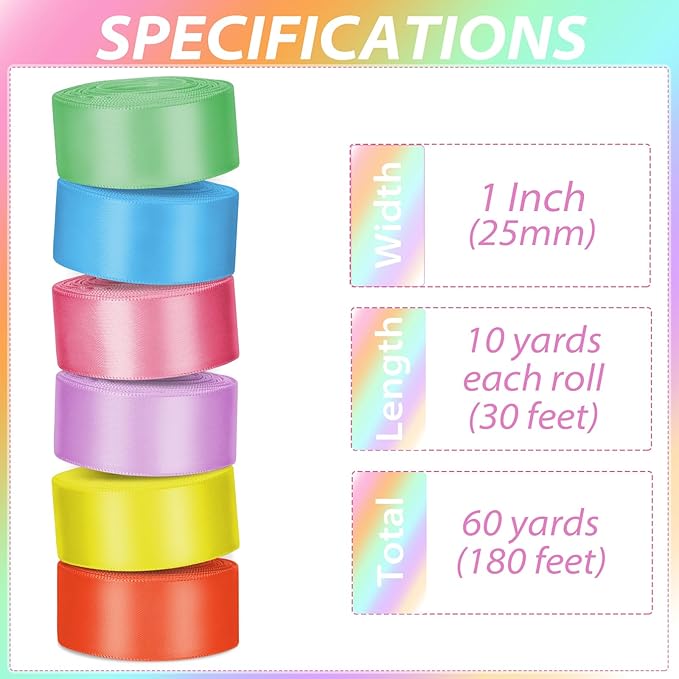 1 Inch Rainbow Satin Ribbons for Crafts, 6 Rolls Single-Faced Rainbow Assorted Ribbons for Gift Wrapping Flower Bouquet Wedding Invitations Bridal Shower Hair Bows Garland Party Decor