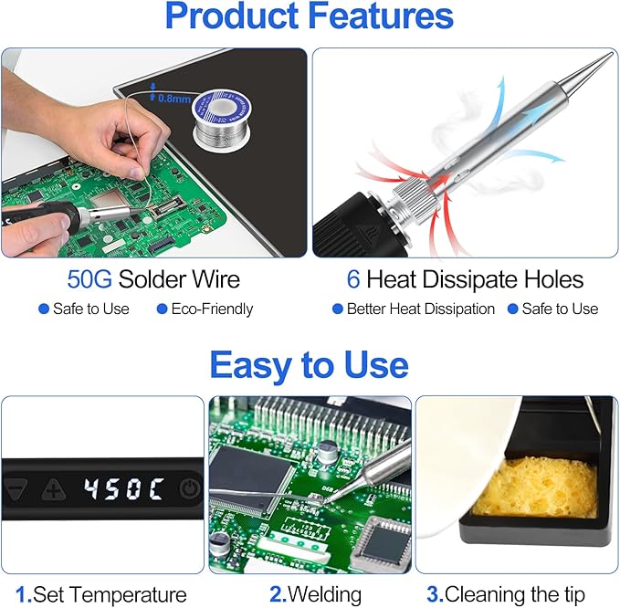 120W LED Soldering Iron Kit, 7s Fast Heating Adjustable Temp 356-968℉ Auto Sleep Precision Welding Gun Tools Electronics Repair with Solder Wire, 5 Soldering Tips, Desoldering Pump, Stand, Tweezers