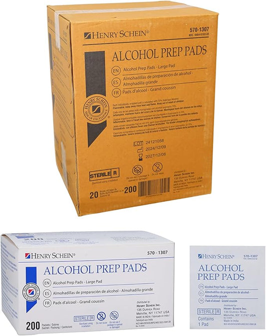 Henry Schein Large Alcohol Prep Pads (Case of 20 Boxes, 4,000 Total) – 70% Isopropyl Alcohol Wipes, Individually Wrapped – 2-Ply, Textured – Skin Prep Alcohol Swabs – Sterile Pads