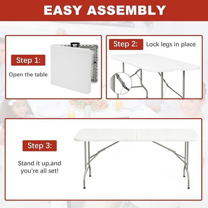 Elevon Folding Table Set of 2, 6 Feet Heavy Duty Fold-in-Half Utility Table - Image 4