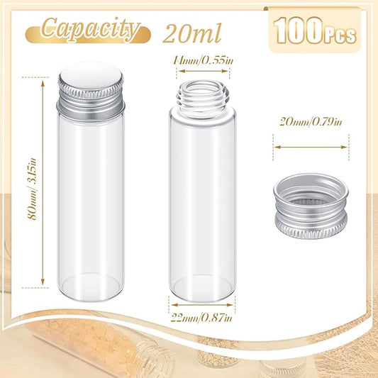 100 Pcs Small Clear Vials Spice Mini Jars with Lids Mini Glass Bottles with Screw Aluminum Metal Caps Tiny Jars Sample Containers for Powder Cream Cosmetic Jewelry Wedding (20 ml,Silver Caps)