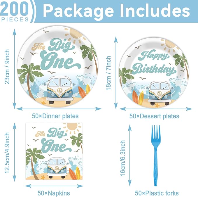 200pcs Summer Beach The Big One Party Plates Napkins Boy Surfing First Birthday - Image 2