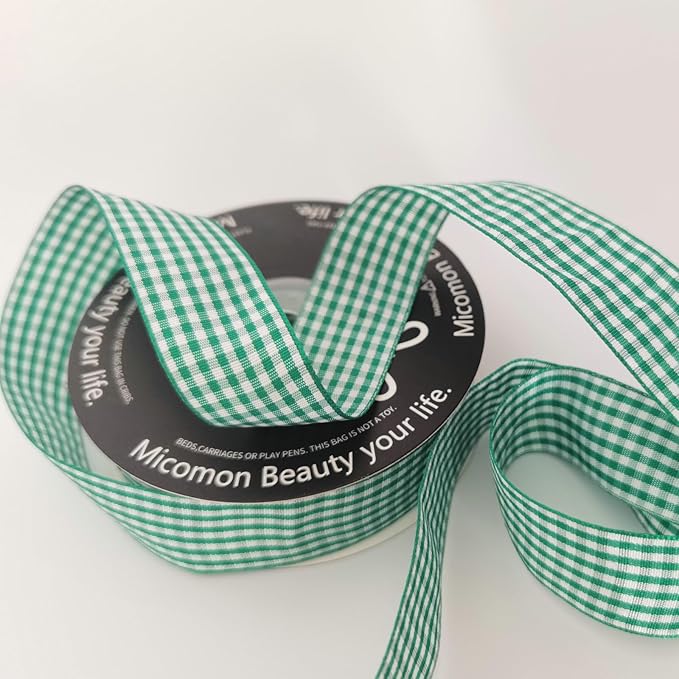 Green and White Woven Edge Plaid Ribbon 100% Polyester Gingham Ribbon 25 Yards Each Roll (1",Green)