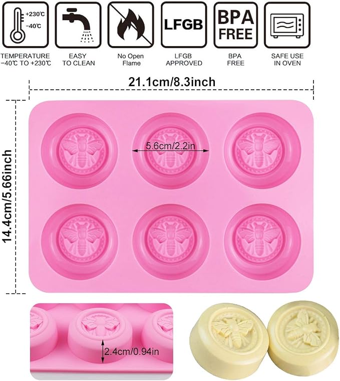Sakolla 2 Pack Silicone Soap Molds, 6 Cavity Round Honeybee Silicone Molds - Image 4