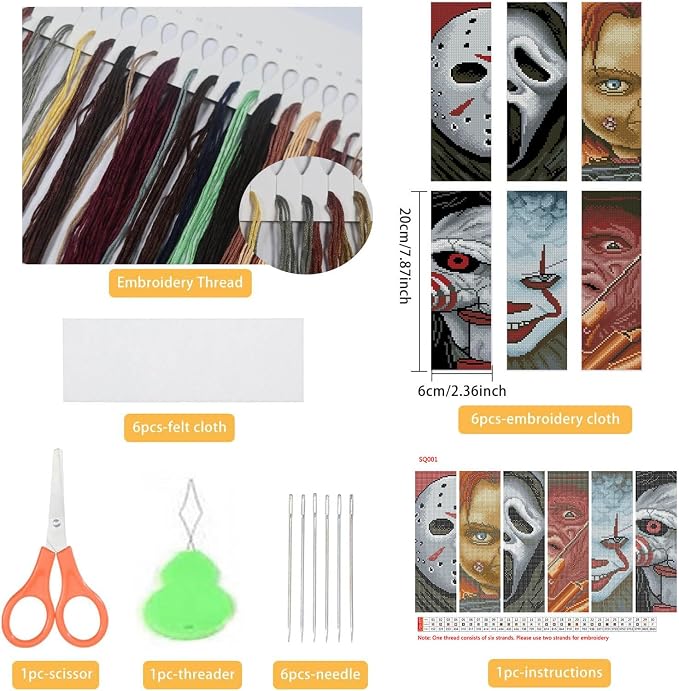 NEGEKFKX 6 Pcs Horror Cross Stitch Bookmark Kit - Image 2