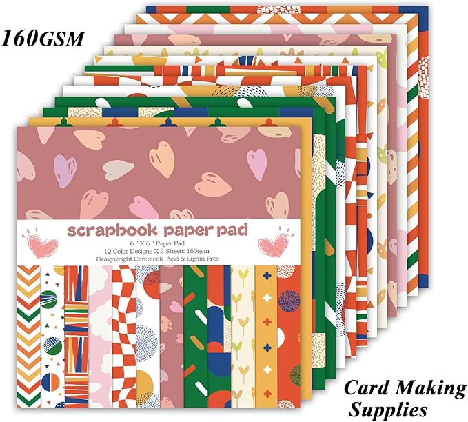 24 Sheets 12 Designs Scrapbook Paper Pad,6"×6” Single-Sided Decopodge Craft Cardstock Paper,Scrapbooking DIY Decorative Background Cardmaking Supplies.Sweet Love