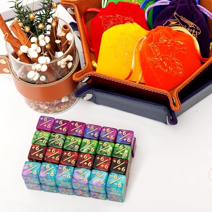 Magic The Gathering Counter Dice Set 48 Pcs D6 MTG Dice Life Counters Tokens Dice for Magic Card Game Accessories with 6 Pcs Drawstring Bags and Dice Tray (Color)