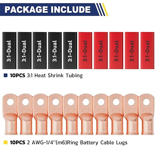 haisstronica 10pcs 2 AWG - 1/4" (M6) Battery Cable Lugs, Heavy Duty Copper Wire Lugs with 10pcs 3:1 Adhesive Heat Shrink Tubing, 2 Gauge Wire Connectors Battery Terminal Connector, Battery Cable Ends