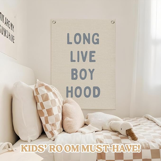 Blue Long Live Boyhood Linen Canvas Banner,Boy Room Decor,Nursery Playroom Wall Decor For Boys Bedroom Toddler Decorations Teen Boy Room Decor Wall Hanging Flag Banner 18x25 Inch