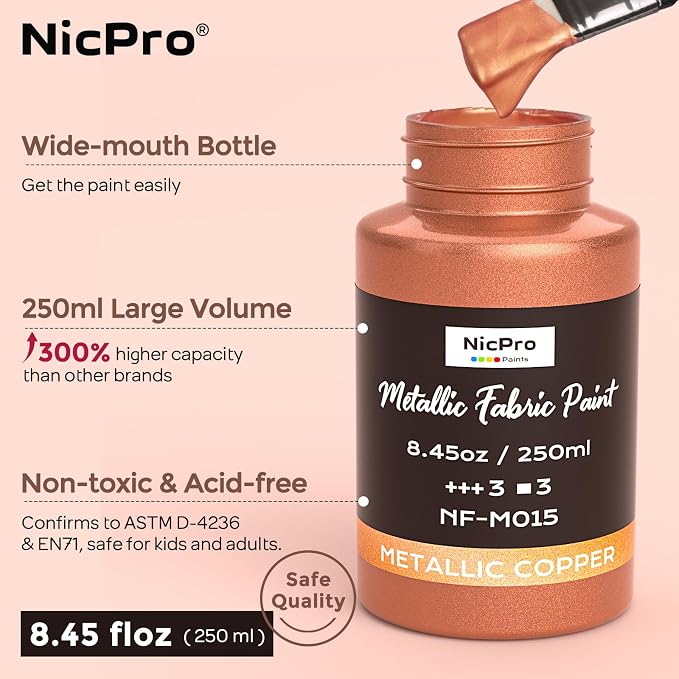 Nicpro Metallic Fabric Paint 3 Colors Gold, 25.35oz/750ml Permanent Soft Fabric - Image 3