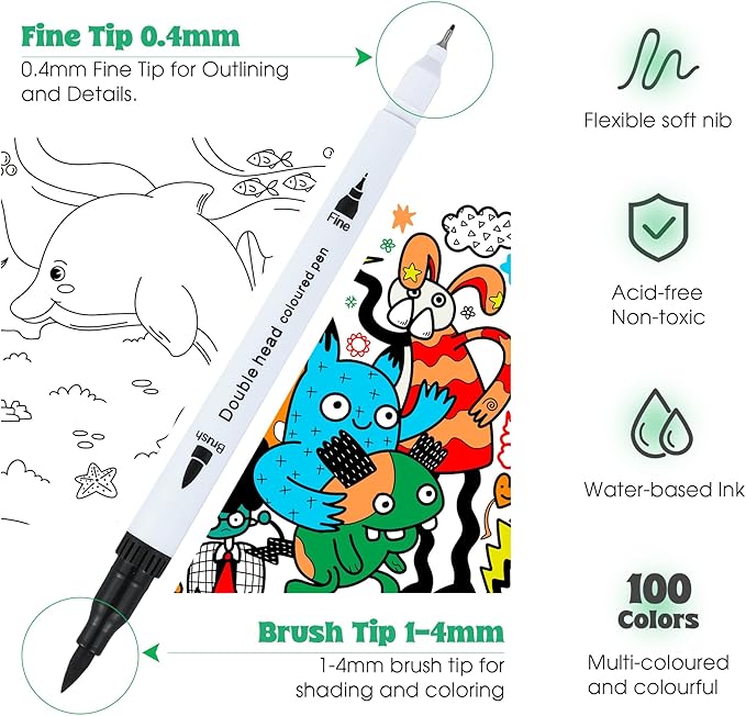 100 Colors Dual Brush Markers for Adult Kids Coloring Books, Water-Based Ink Art Marker Pens Set with Fine & Brush Tips for Bullet Journaling, Drawing, Hand Lettering, Sketching