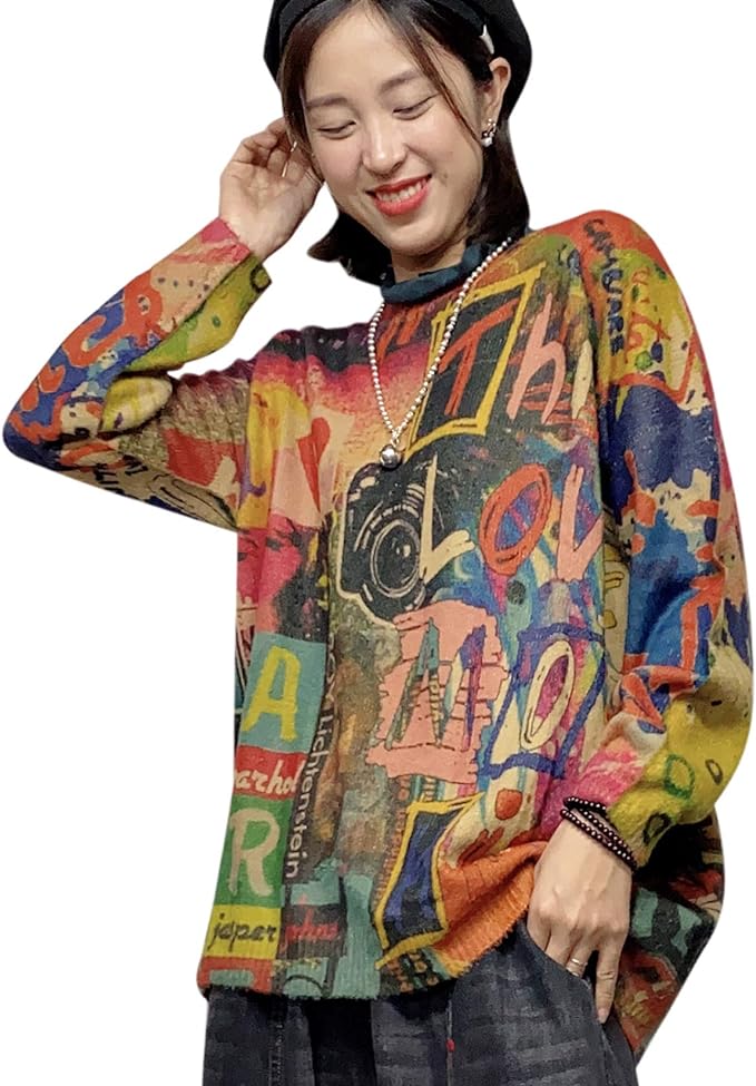 YESNO Women Christmas Sweater Graphic Printed Oversized Pullover Sweaters by YESNO