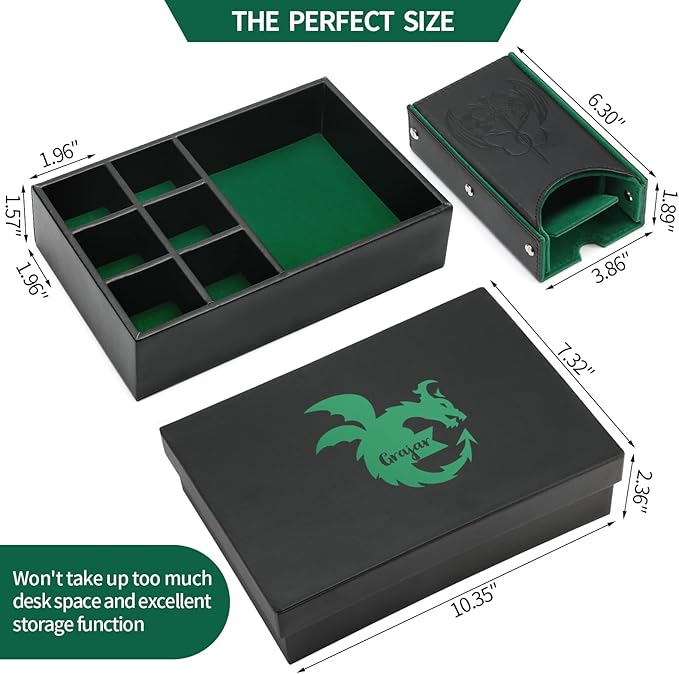 3 in 1 Dice Tray with Lid, Portable Dice Box Storage, D&D RPG MTG Table Games (Green)