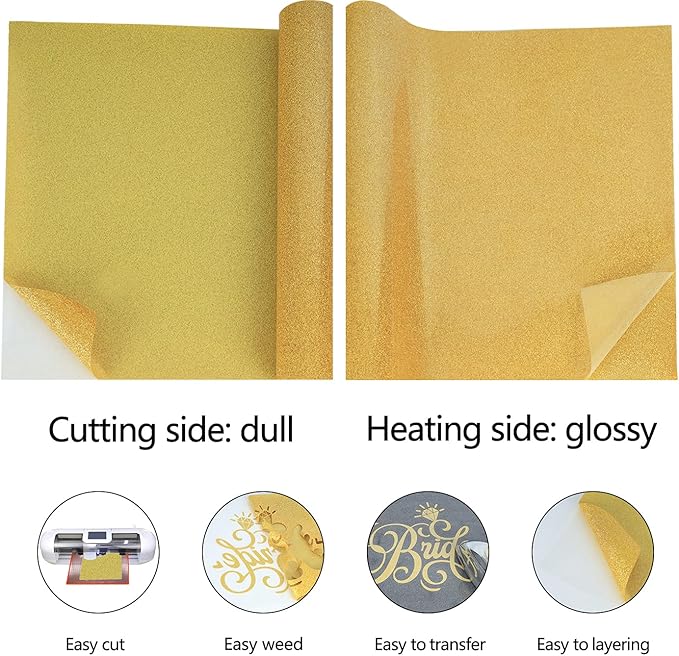 guangyintong Glitter Gold Heat Transfer Vinyl HTV Rolls, 12" x 8ft Iron on Vinyl for T-Shirts Glitter Gold HTV Vinyl for All Cutter Machines Easy to Cut & Weed for Heat Vinyl Design