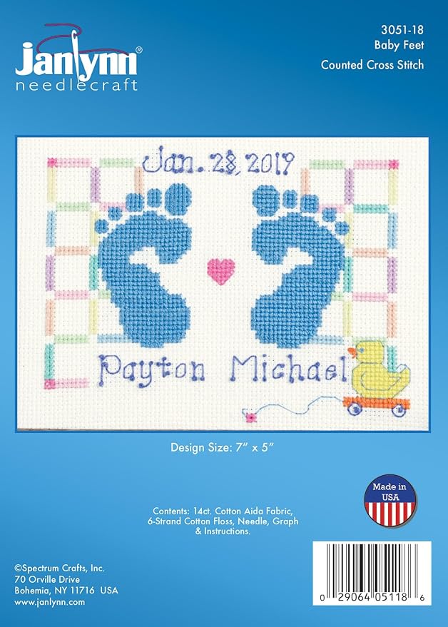 Janlynn Counted Cross Stitch Kit, Baby Feet Birth Announcement Blue, By the yard - Image 2