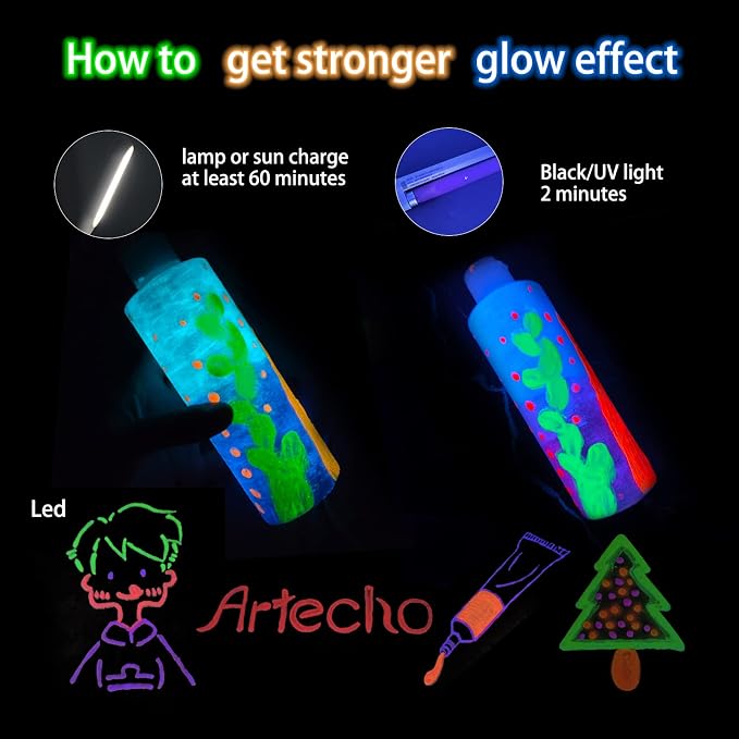 Artecho Glow in the Dark Acrylic Paint Set – 6 Colors x 11ml | Non-Toxic - Image 5