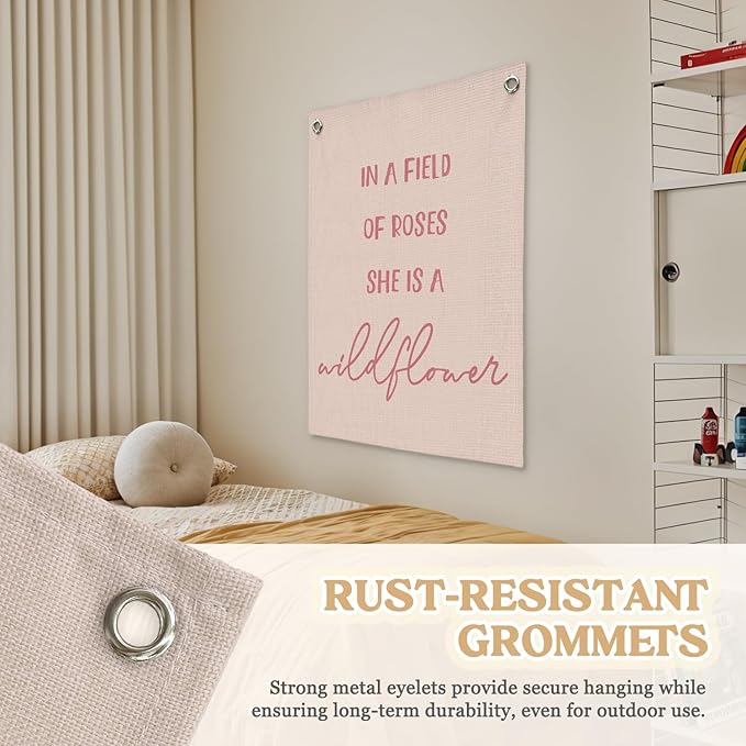 Nursery Decor,Girls Room Decor,Pink Linen Canvas Banner,In a Field Full of Roses She Is a Wildflower Nursery Decor Wall Hanging Flag for Playroom Bedroom Little Girl Room 18x25 Inch