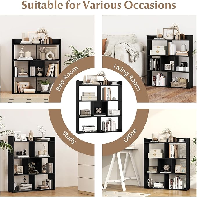 Giantex 7 Cubes Bookshelf, Free-Standing Wooden Bookcase, 4 Tier Home Display Shelf, Horizontal Storage Unit w/Anti-Toppling Devices, Open-Back Display Rack for Study, Living Room (2, Black)