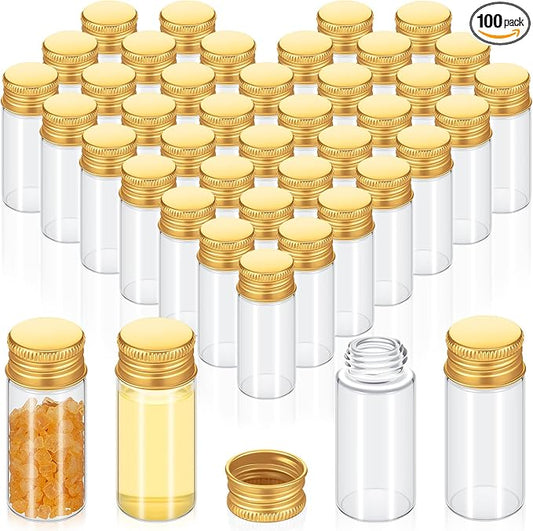 100 Pcs Small Clear Vials Spice Mini Jars with Lids Mini Glass Bottles with Screw Aluminum Metal Caps Tiny Jars Sample Containers for Powder Cream Cosmetic Jewelry Wedding(10 ml,Gold Caps)