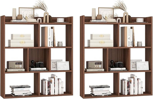 Giantex 7 Cube Bookshelf of 2, Free-Standing Wooden Bookcase, 4 Tier Home Display Shelf, Horizontal Storage Unit w/Anti-Toppling Devices, Open-Back Display Rack for Study, Living Room, Walnut