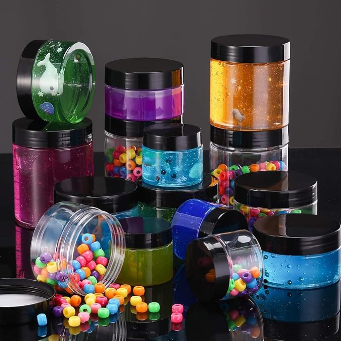 12 Pack 3 oz Plastic Container Jars with Lids Round Clear Travel Cosmetic Container Jars for Toiletries, Lotion, Cream, Ointments, Makeup, Rhinestone, Samples, Kitchen Storage (Black)
