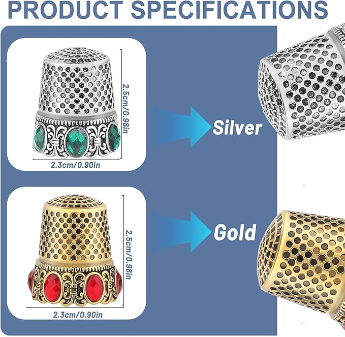 2 Pcs Vintage Sewing Thimble, Quilting Thimbles, Sewing Thimble Finger Protector, Vintage Fingertip Protector Thimbles, Metal Thimble, Sewing Quilting Craft Accessories Diy Sewing Tools (Sliver, Gold)