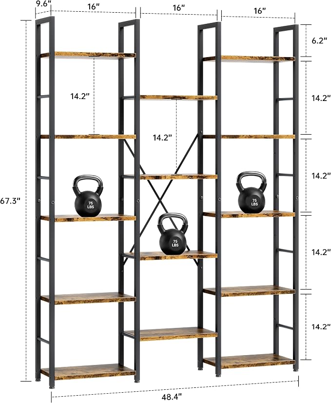 Shintenchi Triple Column 5 Tier Bookshelf, Industrial Large Bookcase Display - Image 3