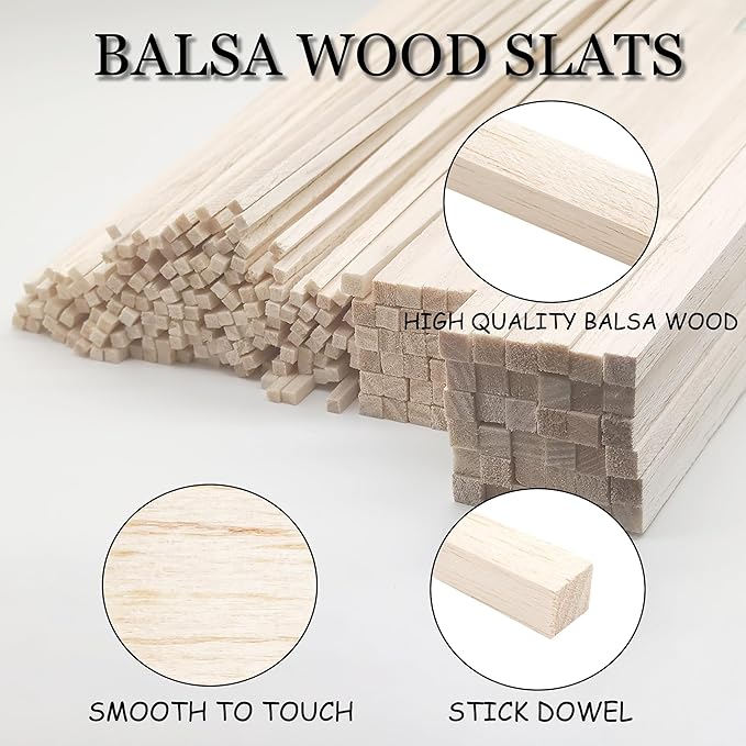 222Pcs Balsa Wood Sticks,Wood Strips Balsa Square Wooden Dowels Hardwood Unfinished Wood Sticks for Crafts DIY Projects Models Making Supplies (1/8in+3/16in+1/4in 222pcs)