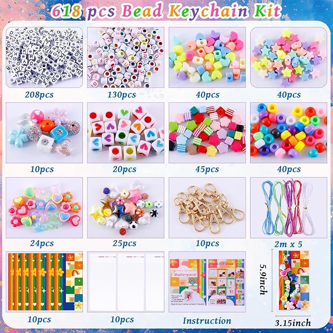 TOHONGADON 618 Pcs Bead Keychain Kit, Colorful Bag Charm Kit - Image 2