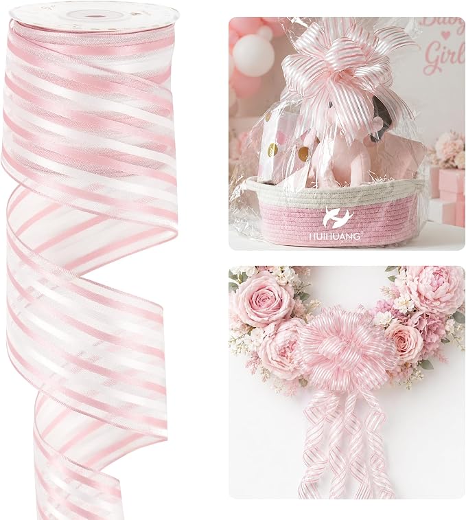 HUIHUANG Pink White Stripe Sheer Ribbon by HUIHUANG