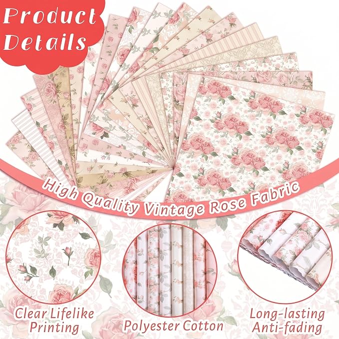 HunnmingRe 20 Pcs 10''x10'' Vintage Rose Quilting Fabric Square Bundle Retro - Image 4