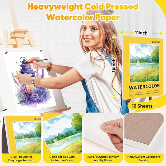 2-Pack 11"x14" Watercolor Paper Pad, Bulk School Teacher Supplies for Adults, 140 lb Cold Press Watercolor Paper for Valentines, Easter, 12 Sheets Art Sketch Coloring Painting Drawing Book Paper