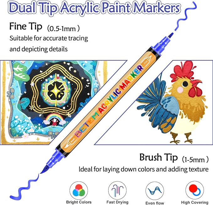 Betem Dual Tip Acrylic Paint Pens, 30 Metallic Paint Markers - Image 2