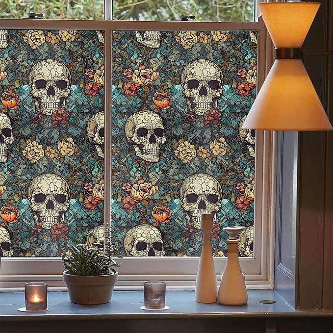 Blue Grey Red Skull Floral Stained Glass Window Films Decorative Double-Side - Image 3