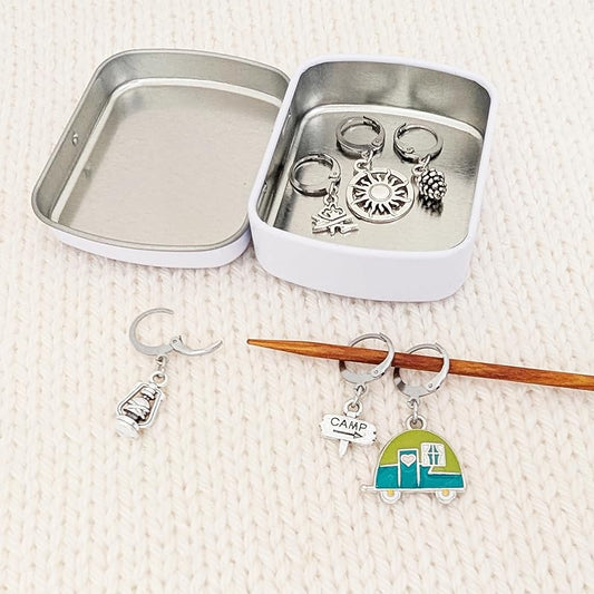 Go Camping Locking Stitch Markers with Storage Case | Crochet Stitch Markers & Removable Knitting Progress Keepers | Camper, Campfire, Lantern & Pinecone Charms | Handmade by Pretty Warm Designs