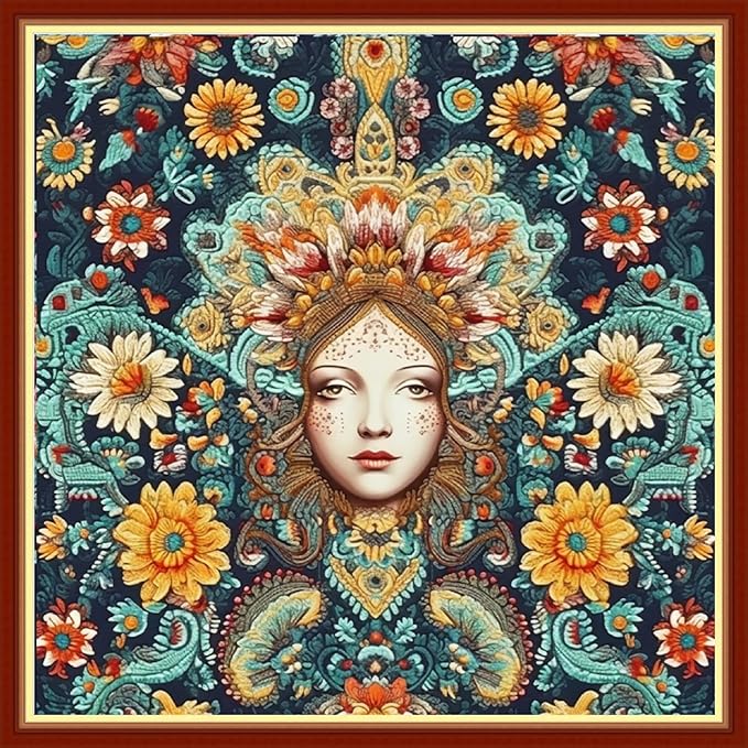 Foxhool Beginners Cross Stitch Kits Stamped Full Range of Embroidery Kits for Adults DIY Cross Stitches kit Embroidery Patterns for Needlepoint kit-Queen of Colorful Flowers 17.7x17.7 inch