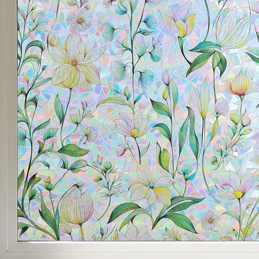 FINNEZ Window Privacy Film Stain Glass Film Flowers Rainbow Window Film Window Clings Non-Adhesive Reusable Decorative for Home（Forest Rainbow，23.6 Inch x 6.5 Feet）