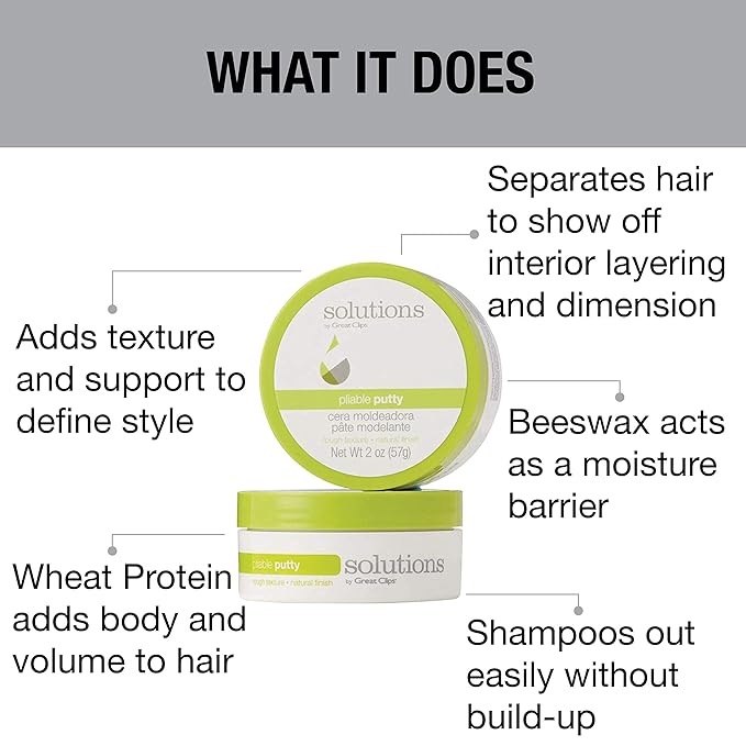 GREAT CLIPS Solutions Pliable Putty, 2oz | Finishing Hair Product w/Medium, Workable Hold | Provides Flexibility & Texture